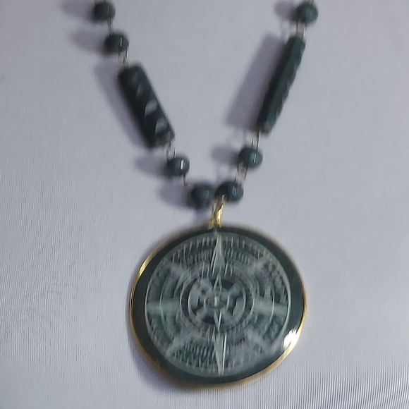 Mayan Sundial Green Dyed Alabaster Medallion Sculpted bars and round beads - Picture 15 of 15